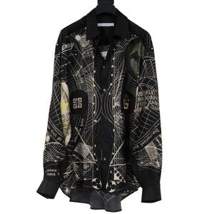 Givenchy Men Icarus Sun Button Down Shirt 41 / 16 Black Yellow Silk Long Sleeve